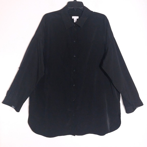 Chicos Soft Black Button Front Rolled Tab Long Sleeve Collared Shirt Size 3 EUC - Picture 4 of 11